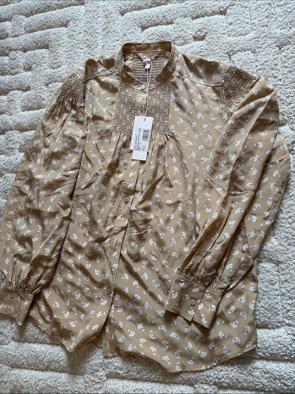 Rebecca Taylor Beige Floral Smocked Long-Sleeve Blouse
